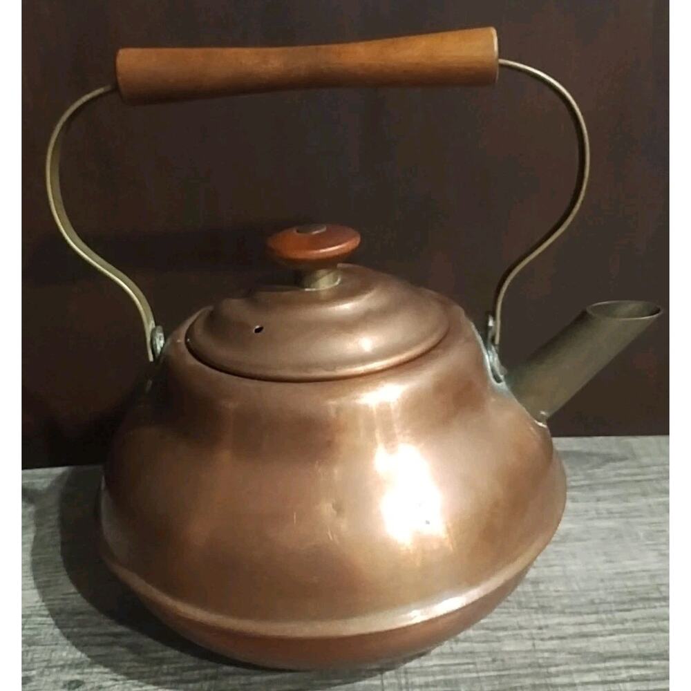 Copper Teapot Tea Kettle Wood Handle Vintage